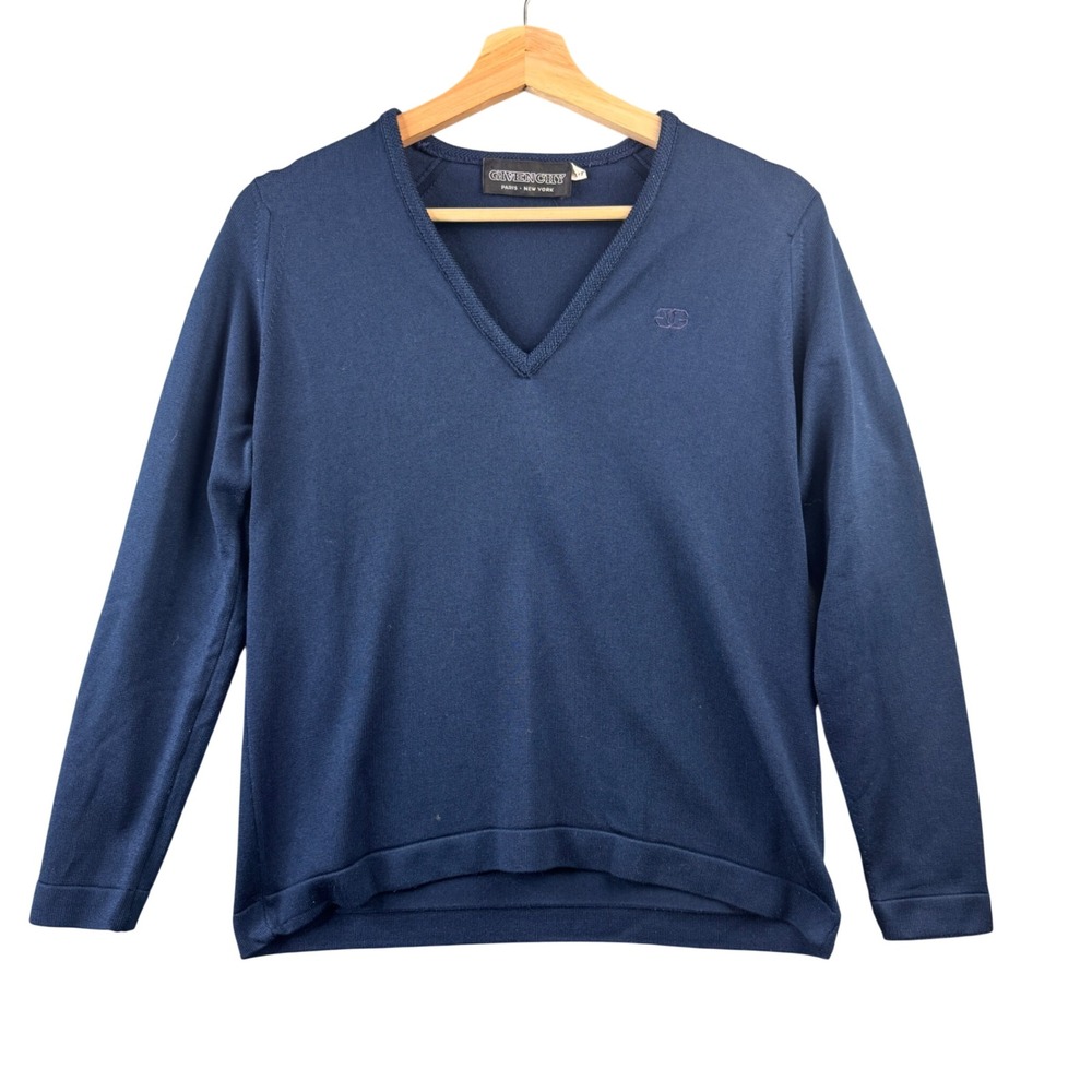 Givenchy Vintage Navy Blue V-Neck Knit Sweater Embroidered GG Logo Size 36